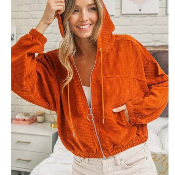 Zaful Brown Ribbed Cropped Hoodie Women's Large Corduroy Jacket - Picture 15 of 16